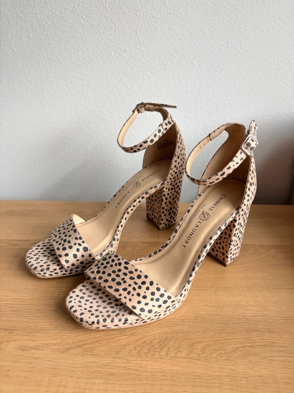 Chinese Laundry Beige Spotted‎ Ankle-Strap Block Heels